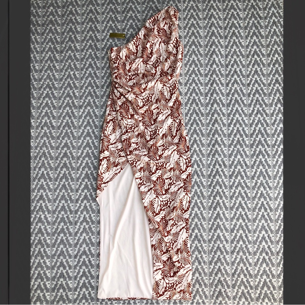 Alexia Admor alessi gown asymmetrical one shoulder brown palm dress size 6